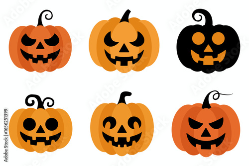 Various carved pumpkins with different expressions, ideal for Halloween