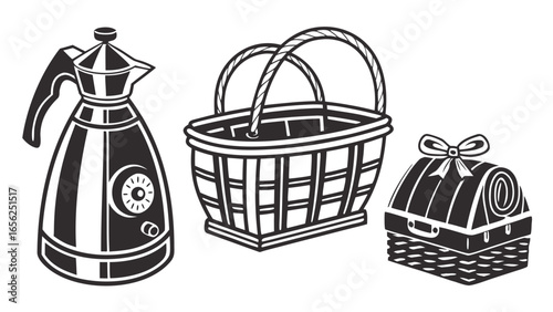 Stylized black and white illustration of a kettle picnic basket and a rolled blanket gift