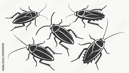 Stylized black and white illustration of five cockroaches scattered across a white background