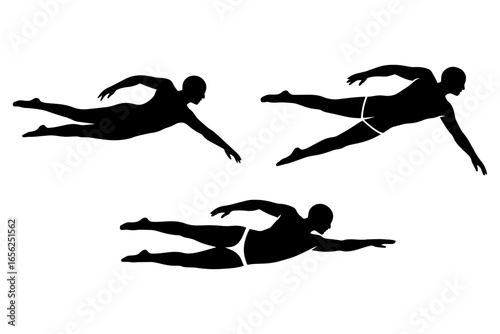  silhouettes swimmer in different stages of  freestyle stroke