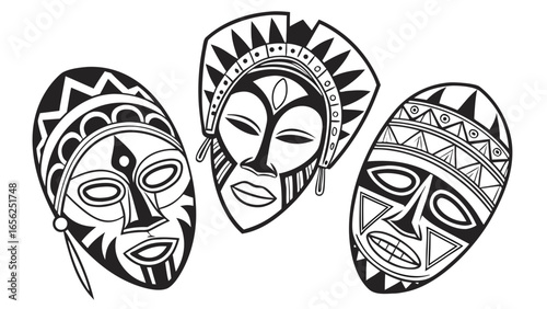 Three stylized african tribal masks with intricate patterns and bold black and white designs