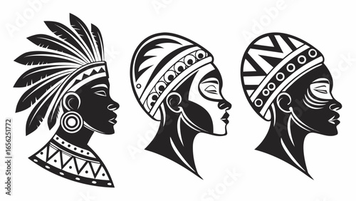 Three stylized black and white profile portraits of african women wearing traditional headwear and jewelry
