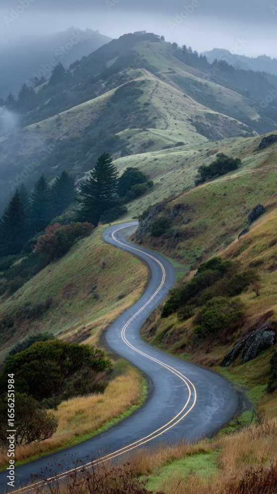 Fototapeta premium Winding mountain road through misty hills