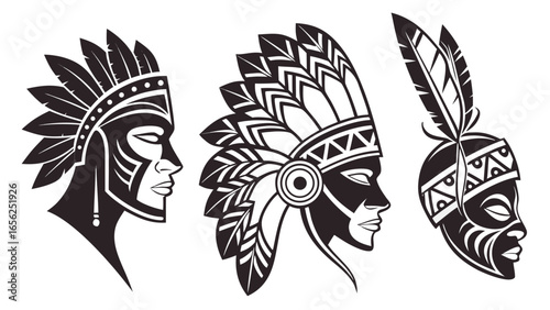 Three stylized profiles of native american chiefs wearing traditional feathered headdresses and tribal face paint