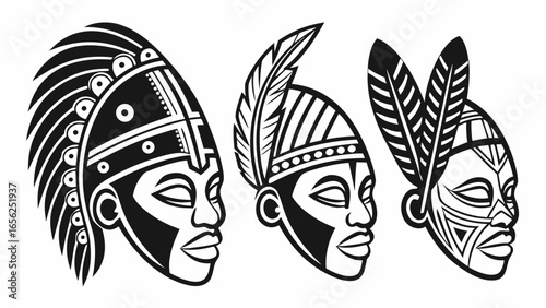 Three stylized tribal faces in profile wearing ornate headdresses with feathers and intricate patterns