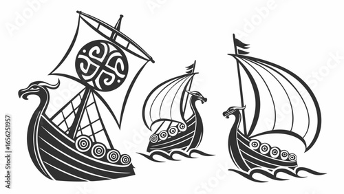 Three stylized viking longships with dragon heads and ornate sails sailing on waves