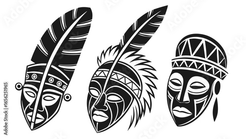 Three stylized tribal masks with feathers and geometric patterns in black and white