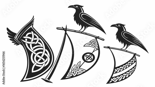 Three viking ravens perched on staffs holding ornate banners with celtic knotwork and tribal designs