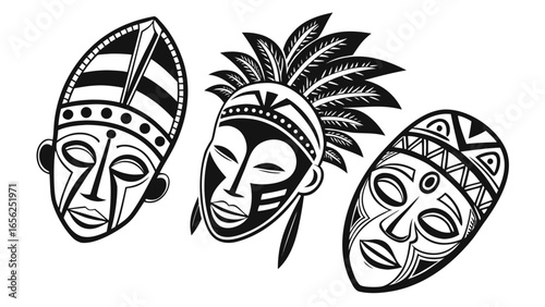 Three stylized tribal masks with intricate patterns and feather headdresses on a white background