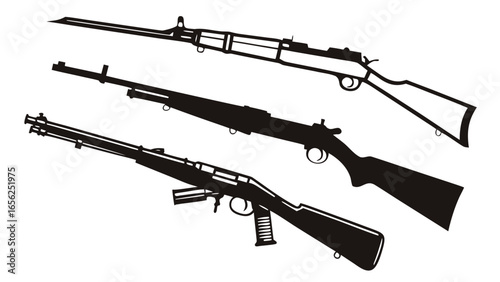 Three vintage military rifle silhouettes with bayonets and scopes on white background