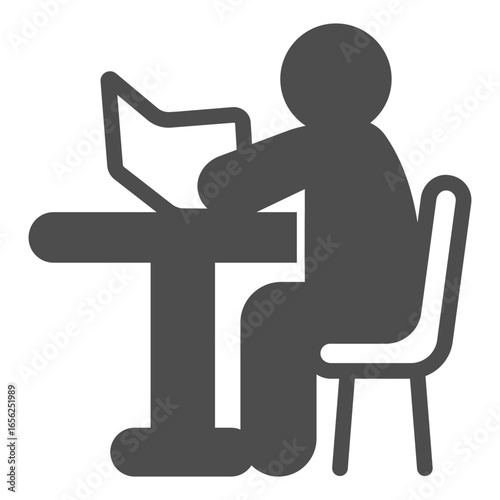 Pupil sitting at desk with book solid icon, book festival concept. Vector graphics. Reader and textbook, school reading sign on white background, glyph style icon for mobile or web design.