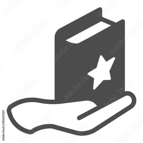 Hand and bestseller book solid icon, book festival concept. Vector graphics. Book with star in hand, famous author story sign on white background, glyph style icon for mobile or web design.