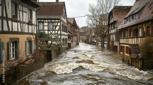 Historic village streets are submerged due to severe flooding.