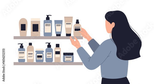 A person selects cosmetic products from a shelf, showcasing beauty and skincare routines in a clean, modern setting.