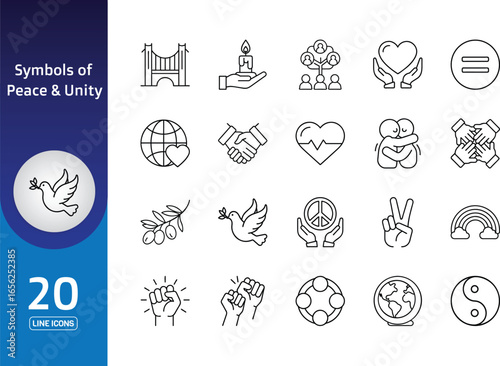 Symbols of peace & unity vector illustration icon set contains dove, olive branch, handshake
