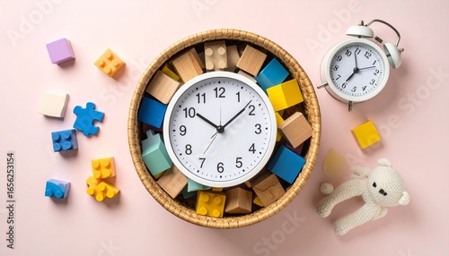 A white clock in a woven basket filled with colorful wooden toy blocks, next to an alarm clock and a teddy bear on a pink background.