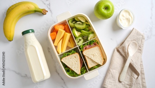 A vibrant and healthy lunchbox filled with a variety of fresh fruits, vegetables, and a sandwich, perfect for a balanced meal.