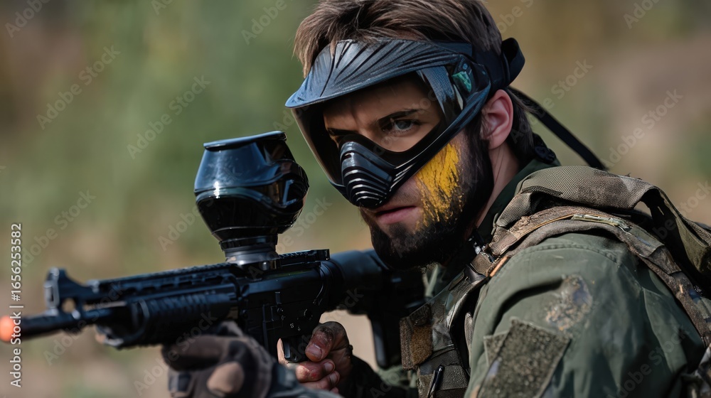 Focused paintball player engages in intense outdoor battle, armed and ready. Focused paintball player engages in intense outdoor battle, armed and ready.