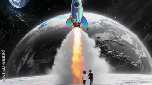 Children watching rocket launch towards Earth