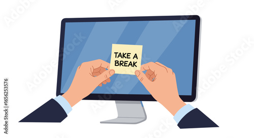 A cartoon illustration depicts hands placing a 'Take a Break' sticky note on a computer screen, promoting work-life balance and stress management.