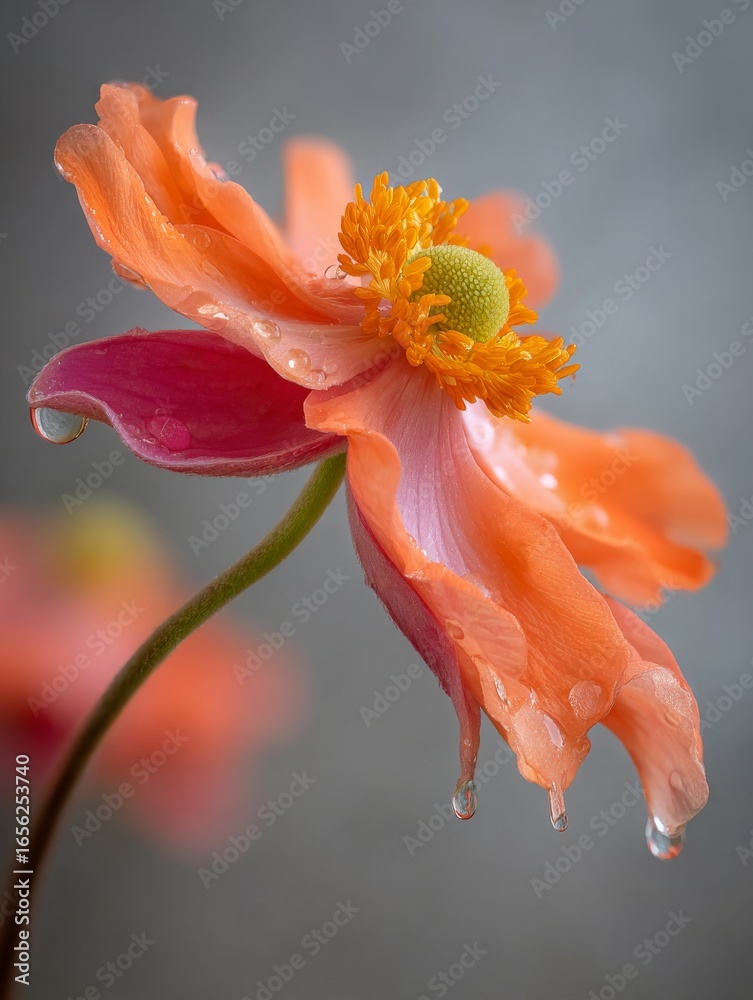 Fototapeta premium A beautifully crafted glass orchid is displayed in the image, with water droplets that add to its charm