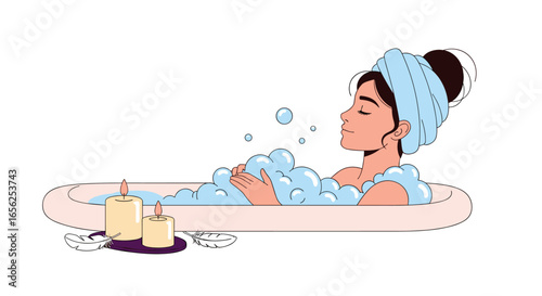 A serene woman enjoys a relaxing bubble bath with lit candles, embracing a moment of self-care and tranquility at home.
