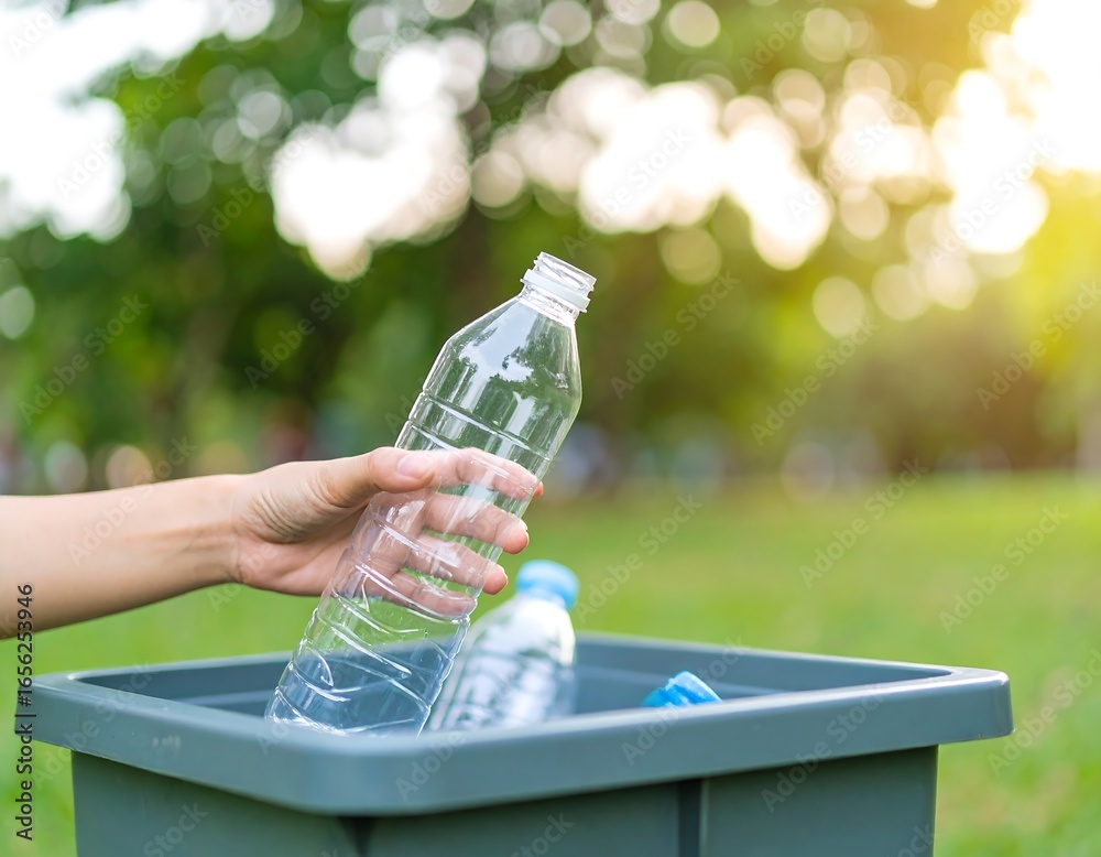 custom made wallpaper toronto digitalA hand placing a clear plastic water bottle into a grey recycling bin outdoors in a park setting, emphasizing environmental responsibility.