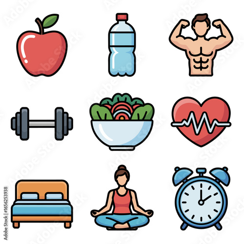 Minimalist Fitness & Wellness Icons  Apple, Water, Dumbbell, Salad Bowls: Clean, Modern Lifestyle Visual Elements for Adobe Stock Buyers