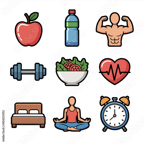Minimalist Fitness & Wellness Icons  Apple, Water, Dumbbell, Salad Bowls: Clean, Modern Lifestyle Visual Elements for Adobe Stock Buyers