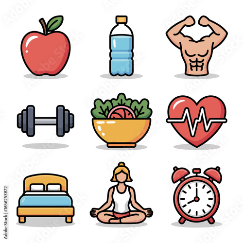 Minimalist Fitness & Wellness Icons  Apple, Water, Dumbbell, Salad Bowls: Clean, Modern Lifestyle Visual Elements for Adobe Stock Buyers