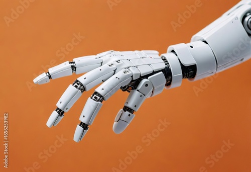 A technological robot arm on an orange background  