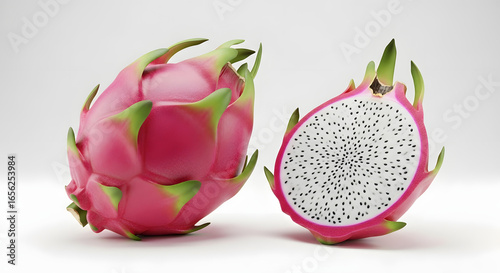 Realistic 3D render of a whole and halved tropical dragon fruit, or pitaya, isolated on a clean white background