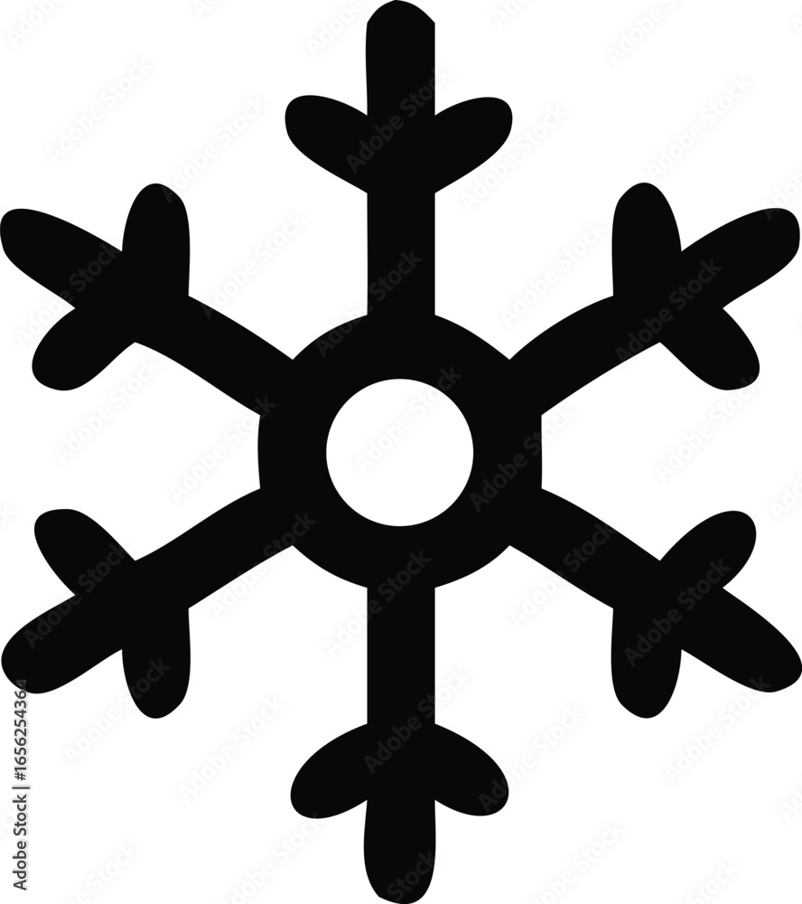Fototapeta premium A stark black silhouette of a stylized snowflake with six pointed arms and a central circular opening symbolizing winter