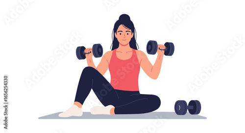 A young woman sits on a yoga mat, lifting dumbbells during a home workout, showcasing fitness and healthy lifestyle choices for women.