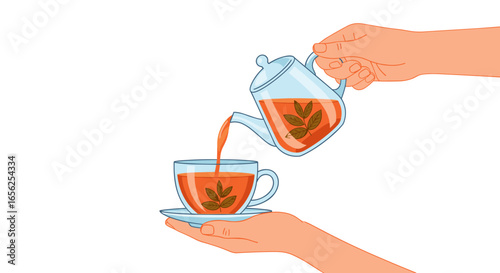 An illustration depicts a hand pouring hot brewed tea from a clear glass teapot into a matching teacup held by another hand.
