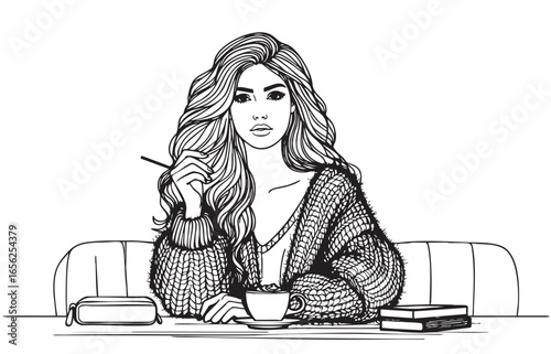 The girl in the cafe. Sketch line fashion girl sitting and works with coffee. Vector illustration