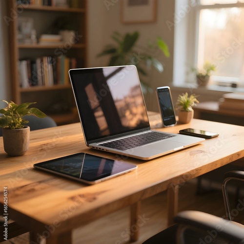 Cozy Home Office Desk Setup with Warm Lighting