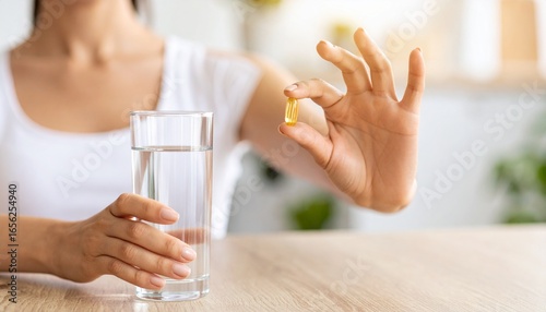 A woman holds a yellow softgel capsule, a dietary supplement like vitamin D or fish oil, preparing to take it with a glass of water for her daily health routine.