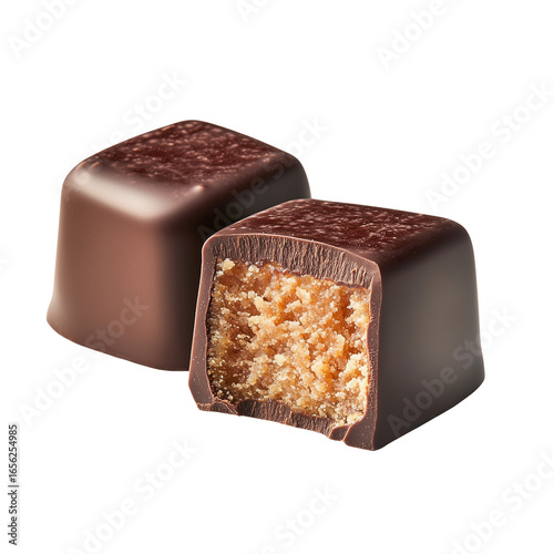Cut chocolate candy with praline filling