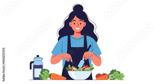 A cheerful woman in a blue apron prepares a fresh and healthy salad in a bright kitchen setting, promoting wellness and nutrition with vibrant vegetables.