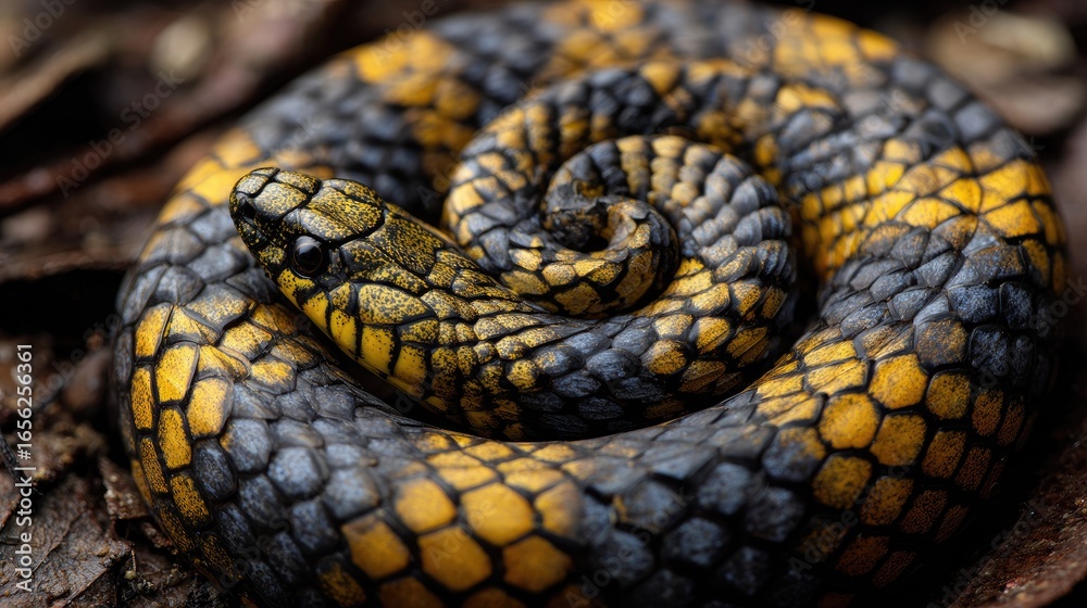 Fototapeta premium Coiled snake resting in forest floor