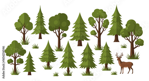 A collection of diverse stylized trees and a deer, representing a vibrant forest ecosystem with varied foliage and natural elements.