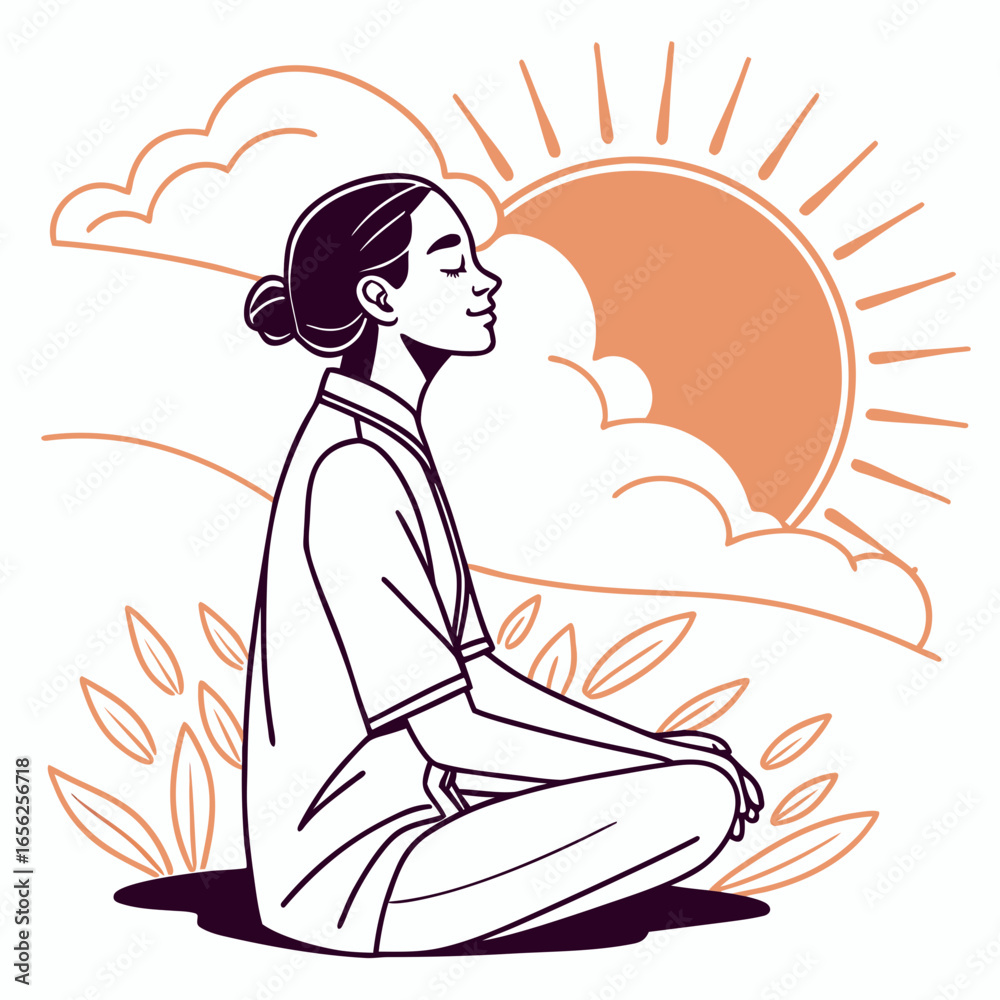 Obraz premium A woman in lotus position meditating under the sun with clouds, promoting mindfulness and relaxation