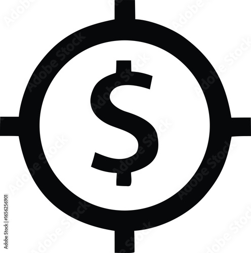 A stylized black and white graphic depicts a dollar sign centered within a target or crosshairs symbolizing financial goals and precision