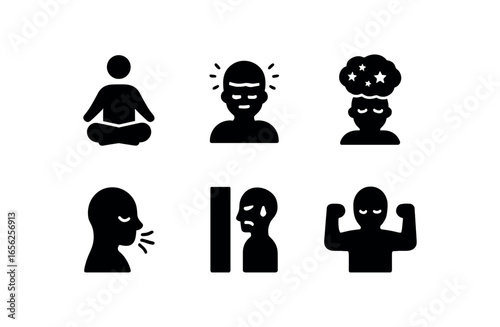 flat black solid icon items isolated on white background focused spirit (actions): meditating concentrating visualizing breathing enduring persisting