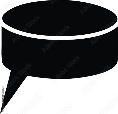 A simple black silhouette of a speech bubble with a flat top and a pointed tail representing communication and conversation