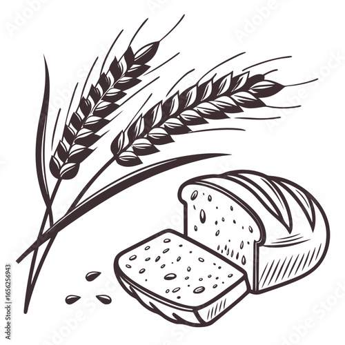 Hand drawn illustration of wheat ears and sliced bread for bakery or agriculture concept