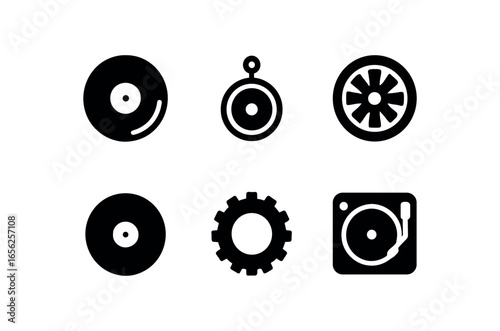 flat black solid icon items isolated on white background rotation disc (types): vinyl pulley wheel platter sprocket turntable