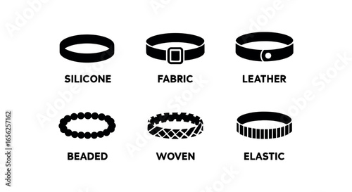 flat black solid icon items isolated on white background tactile wristband (types): silicone fabric leather beaded woven elastic