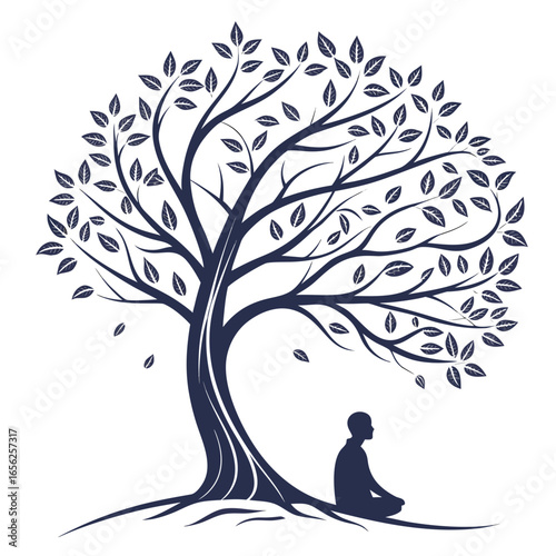 Silhouette of a person meditating under a tree, symbolizing peace, nature, and spiritual growth